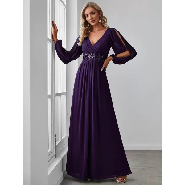 EverPretty Womens V Neck Long Sleeves Floor Length Ruched Chiffon Formal Dress 00461Deep Purple