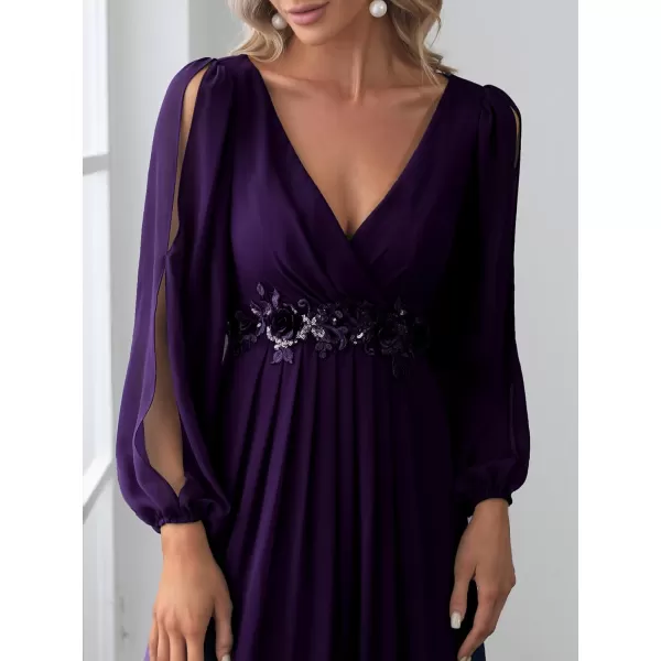 EverPretty Womens V Neck Long Sleeves Floor Length Ruched Chiffon Formal Dress 00461Deep Purple