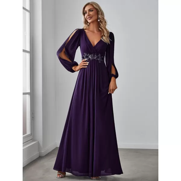 EverPretty Womens V Neck Long Sleeves Floor Length Ruched Chiffon Formal Dress 00461Deep Purple