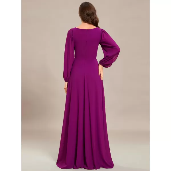 EverPretty Womens V Neck Long Sleeves Floor Length Ruched Chiffon Formal Dress 00461Fuchsia