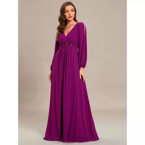 EverPretty Womens V Neck Long Sleeves Floor Length Ruched Chiffon Formal Dress 00461Fuchsia