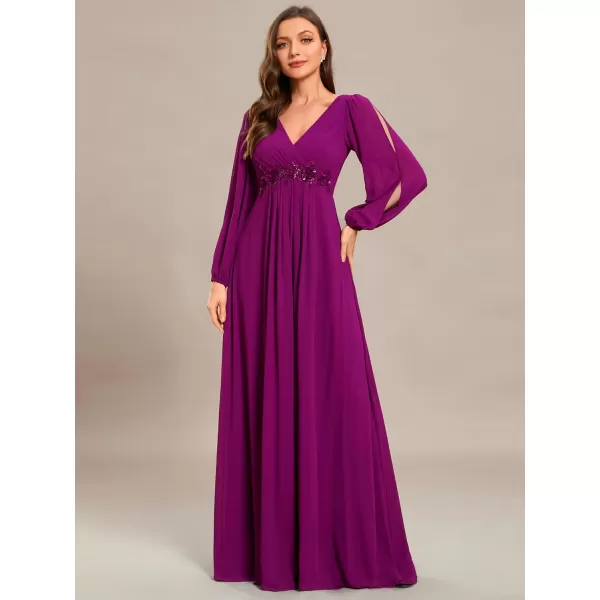 EverPretty Womens V Neck Long Sleeves Floor Length Ruched Chiffon Formal Dress 00461Fuchsia