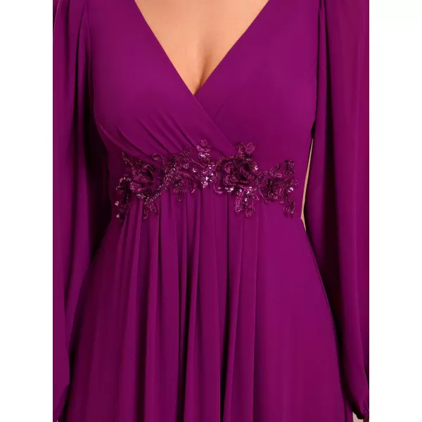 EverPretty Womens V Neck Long Sleeves Floor Length Ruched Chiffon Formal Dress 00461Fuchsia