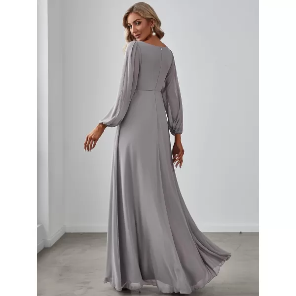 EverPretty Womens V Neck Long Sleeves Floor Length Ruched Chiffon Formal Dress 00461Gray