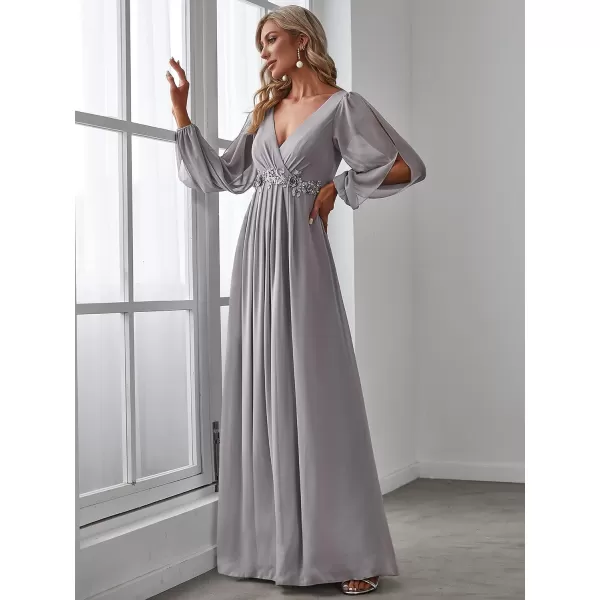 EverPretty Womens V Neck Long Sleeves Floor Length Ruched Chiffon Formal Dress 00461Gray