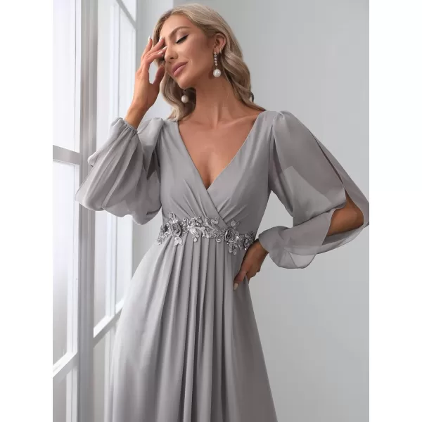 EverPretty Womens V Neck Long Sleeves Floor Length Ruched Chiffon Formal Dress 00461Gray