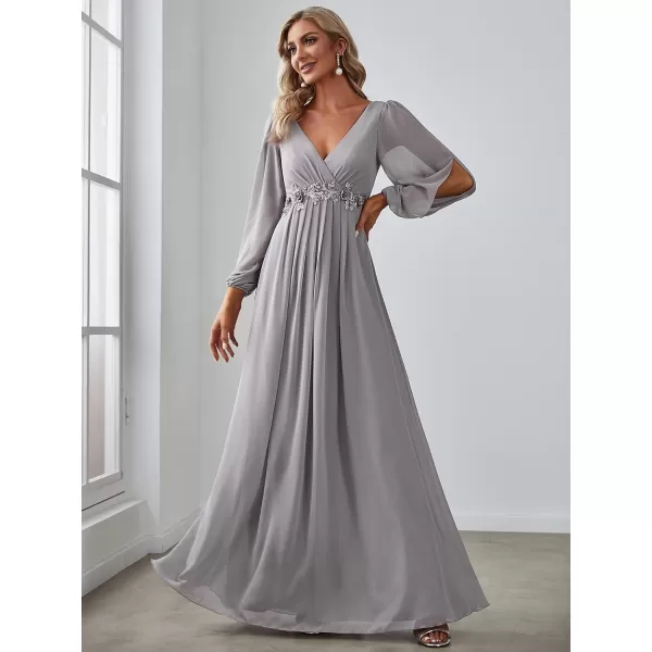 EverPretty Womens V Neck Long Sleeves Floor Length Ruched Chiffon Formal Dress 00461Gray
