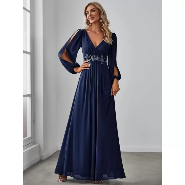 EverPretty Womens V Neck Long Sleeves Floor Length Ruched Chiffon Formal Dress 00461Navy Blue