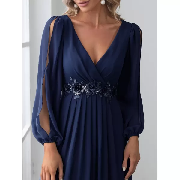 EverPretty Womens V Neck Long Sleeves Floor Length Ruched Chiffon Formal Dress 00461Navy Blue