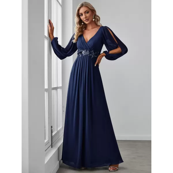 EverPretty Womens V Neck Long Sleeves Floor Length Ruched Chiffon Formal Dress 00461Navy Blue