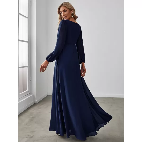 EverPretty Womens V Neck Long Sleeves Floor Length Ruched Chiffon Formal Dress 00461Navy Blue