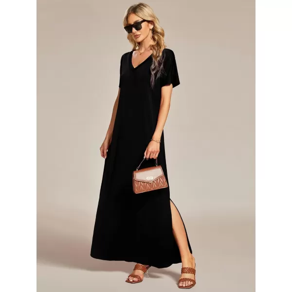 EverPretty Womens V Neck Loose Side Split Maxi Dresses Summer Beach Dress with Pockets 01793Black