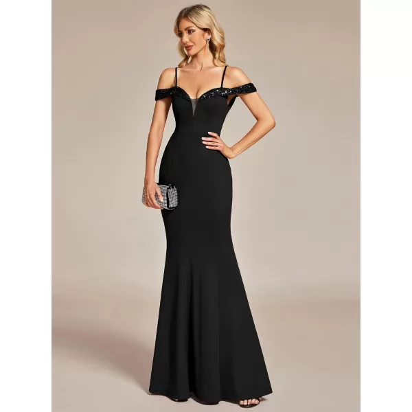 EverPretty Womens V Neck Off Shoulder Sequin Sleeves Mermaid Floor Length Maxi Evening Dresses 01737Black
