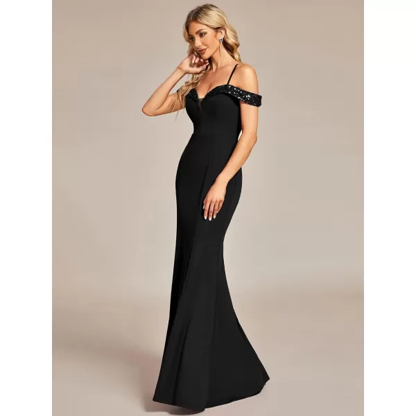 EverPretty Womens V Neck Off Shoulder Sequin Sleeves Mermaid Floor Length Maxi Evening Dresses 01737Black