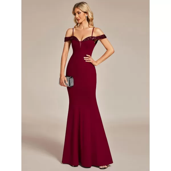 EverPretty Womens V Neck Off Shoulder Sequin Sleeves Mermaid Floor Length Maxi Evening Dresses 01737Burgundy