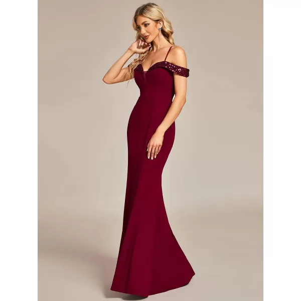 EverPretty Womens V Neck Off Shoulder Sequin Sleeves Mermaid Floor Length Maxi Evening Dresses 01737Burgundy