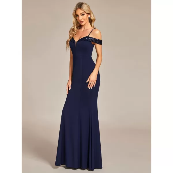 EverPretty Womens V Neck Off Shoulder Sequin Sleeves Mermaid Floor Length Maxi Evening Dresses 01737Navy Blue