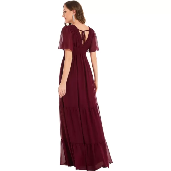 EverPretty Womens V Neck Pleated Lace up Tiered A Line Chiffon Maxi Formal Dresses 01506Burgundy