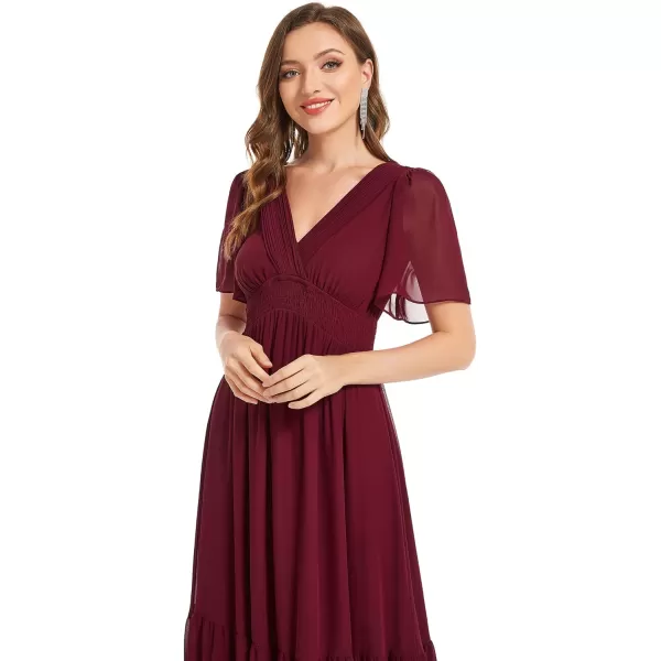 EverPretty Womens V Neck Pleated Lace up Tiered A Line Chiffon Maxi Formal Dresses 01506Burgundy