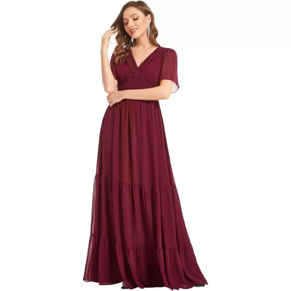 EverPretty Womens V Neck Pleated Lace up Tiered A Line Chiffon Maxi Formal Dresses 01506Burgundy