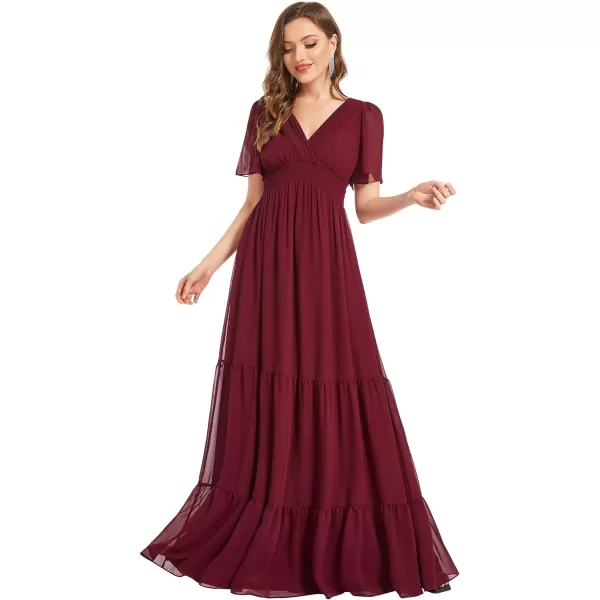 EverPretty Womens V Neck Pleated Lace up Tiered A Line Chiffon Maxi Formal Dresses 01506Burgundy