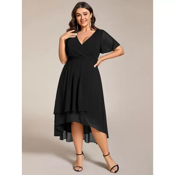 EverPretty Womens V Neck Pleated Plus Size Ruffle Sleeves High Low Semi Formal Dresses 02084DAPHBlack