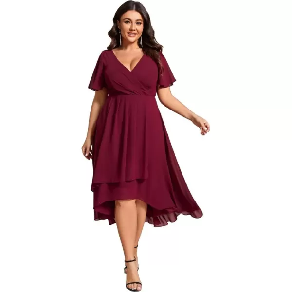 EverPretty Womens V Neck Pleated Plus Size Ruffle Sleeves High Low Semi Formal Dresses 02084DAPHBurgundy