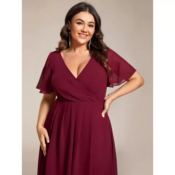 EverPretty Womens V Neck Pleated Plus Size Ruffle Sleeves High Low Semi Formal Dresses 02084DAPHBurgundy