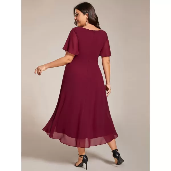 EverPretty Womens V Neck Pleated Plus Size Ruffle Sleeves High Low Semi Formal Dresses 02084DAPHBurgundy