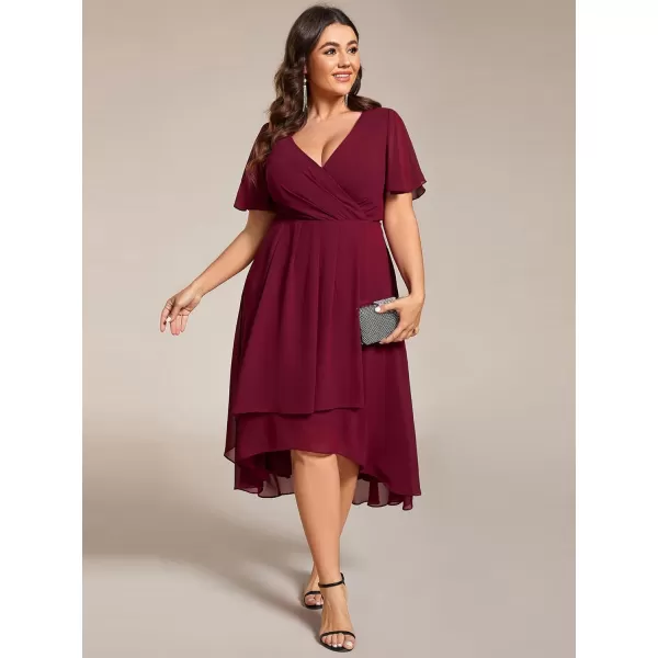 EverPretty Womens V Neck Pleated Plus Size Ruffle Sleeves High Low Semi Formal Dresses 02084DAPHBurgundy