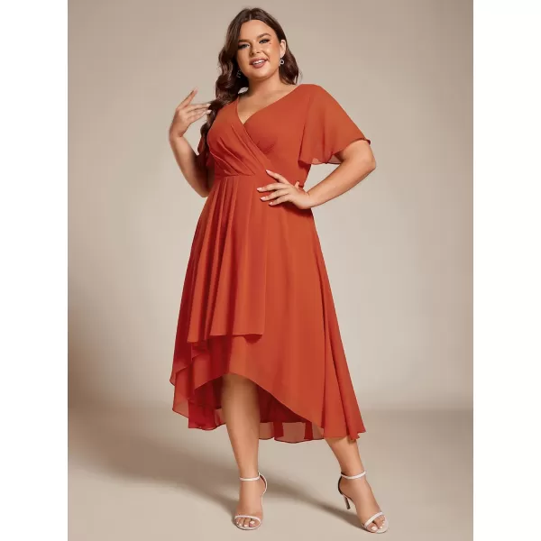 EverPretty Womens V Neck Pleated Plus Size Ruffle Sleeves High Low Semi Formal Dresses 02084DAPHBurnt Orange