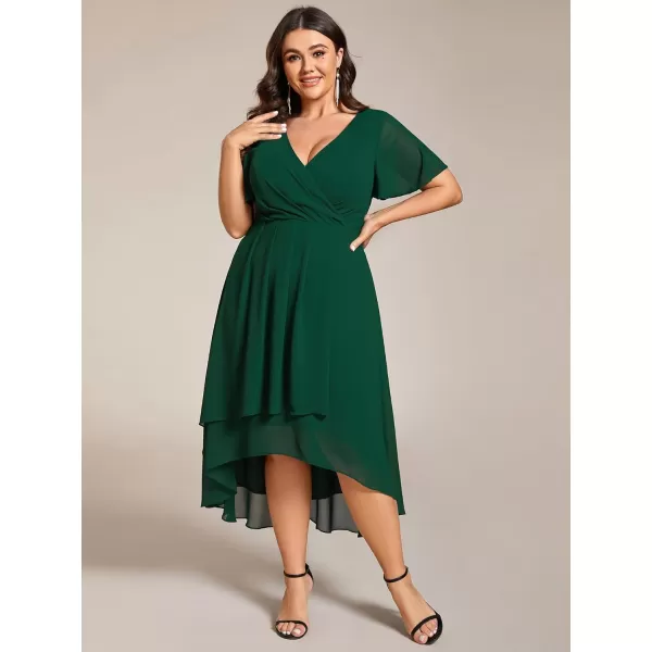 EverPretty Womens V Neck Pleated Plus Size Ruffle Sleeves High Low Semi Formal Dresses 02084DAPHDark Green