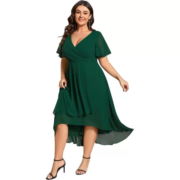 EverPretty Womens V Neck Pleated Plus Size Ruffle Sleeves High Low Semi Formal Dresses 02084DAPHDark Green