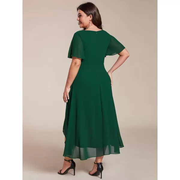 EverPretty Womens V Neck Pleated Plus Size Ruffle Sleeves High Low Semi Formal Dresses 02084DAPHDark Green