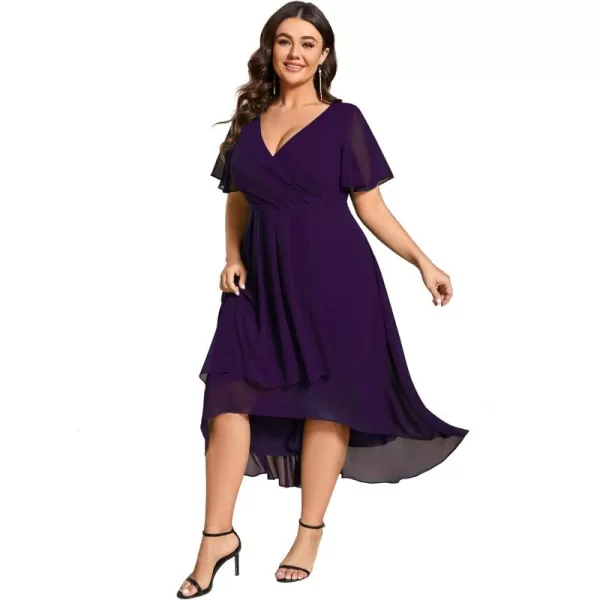 EverPretty Womens V Neck Pleated Plus Size Ruffle Sleeves High Low Semi Formal Dresses 02084DAPHDeep Purple