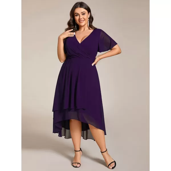 EverPretty Womens V Neck Pleated Plus Size Ruffle Sleeves High Low Semi Formal Dresses 02084DAPHDeep Purple