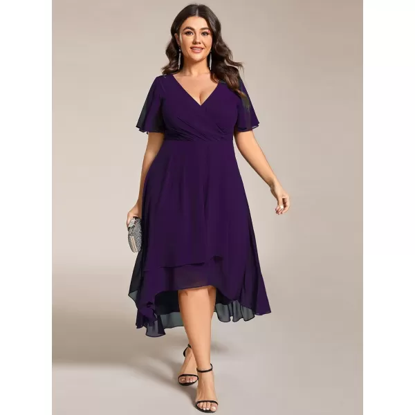 EverPretty Womens V Neck Pleated Plus Size Ruffle Sleeves High Low Semi Formal Dresses 02084DAPHDeep Purple