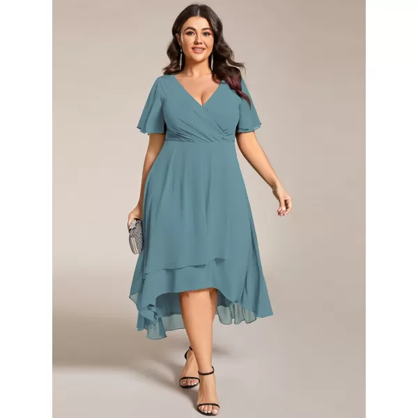 EverPretty Womens V Neck Pleated Plus Size Ruffle Sleeves High Low Semi Formal Dresses 02084DAPHDusty Blue