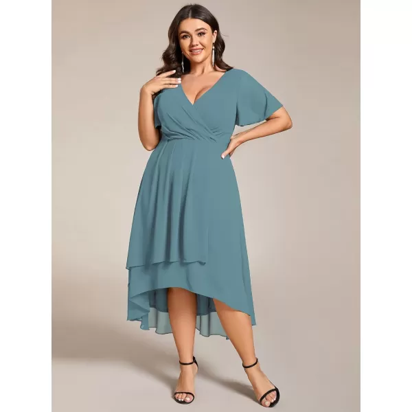 EverPretty Womens V Neck Pleated Plus Size Ruffle Sleeves High Low Semi Formal Dresses 02084DAPHDusty Blue