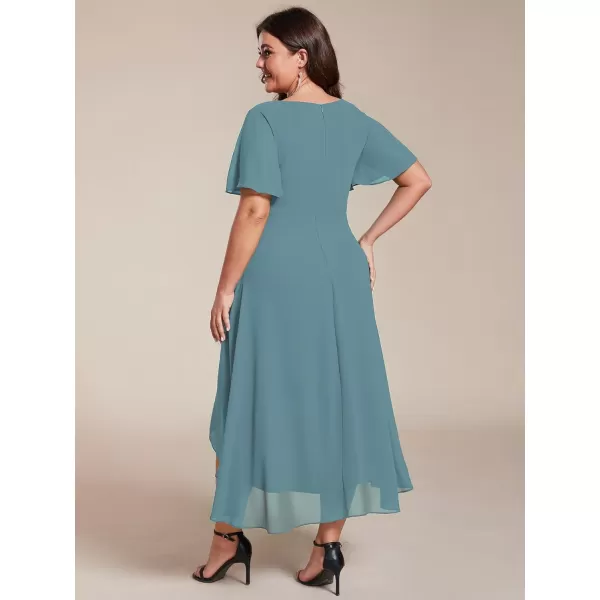 EverPretty Womens V Neck Pleated Plus Size Ruffle Sleeves High Low Semi Formal Dresses 02084DAPHDusty Blue