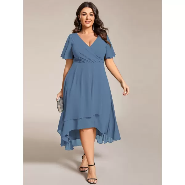 EverPretty Womens V Neck Pleated Plus Size Ruffle Sleeves High Low Semi Formal Dresses 02084DAPHDusty Navy