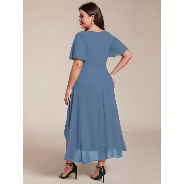 EverPretty Womens V Neck Pleated Plus Size Ruffle Sleeves High Low Semi Formal Dresses 02084DAPHDusty Navy