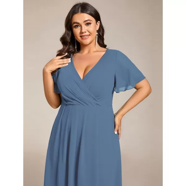 EverPretty Womens V Neck Pleated Plus Size Ruffle Sleeves High Low Semi Formal Dresses 02084DAPHDusty Navy