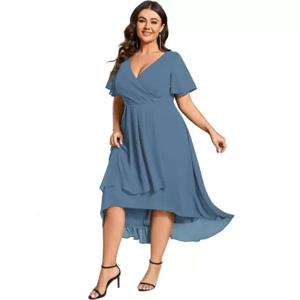 EverPretty Womens V Neck Pleated Plus Size Ruffle Sleeves High Low Semi Formal Dresses 02084DAPHDusty Navy