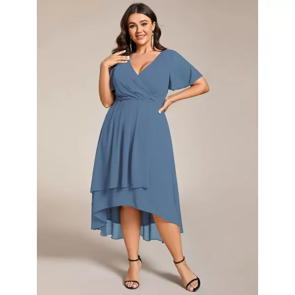 EverPretty Womens V Neck Pleated Plus Size Ruffle Sleeves High Low Semi Formal Dresses 02084DAPHDusty Navy