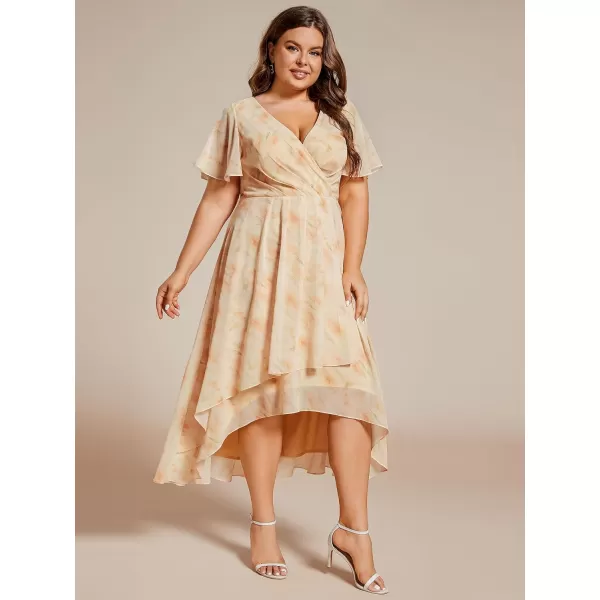 EverPretty Womens V Neck Pleated Plus Size Ruffle Sleeves High Low Semi Formal Dresses 02084DAPHGolden Roses