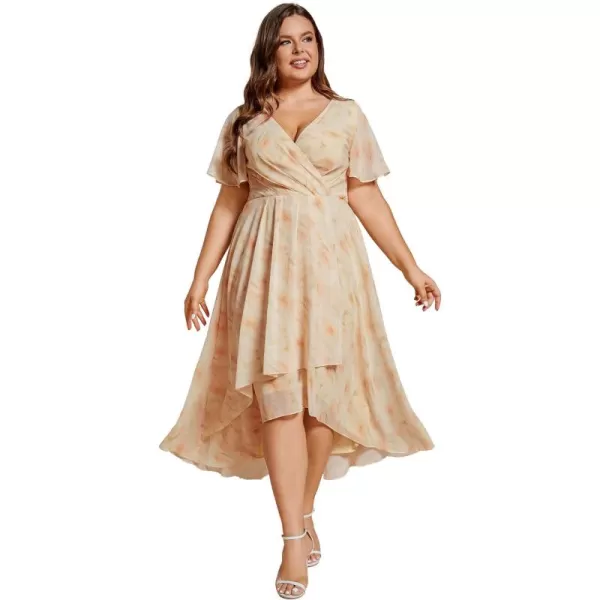 EverPretty Womens V Neck Pleated Plus Size Ruffle Sleeves High Low Semi Formal Dresses 02084DAPHGolden Roses