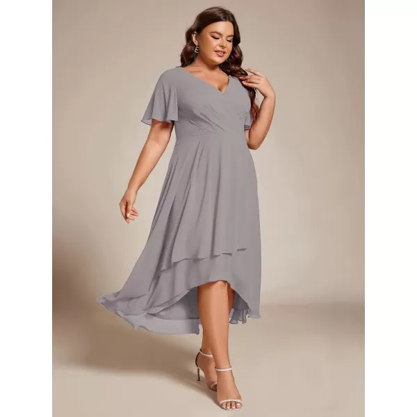 EverPretty Womens V Neck Pleated Plus Size Ruffle Sleeves High Low Semi Formal Dresses 02084DAPHGrey