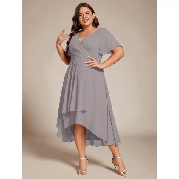 EverPretty Womens V Neck Pleated Plus Size Ruffle Sleeves High Low Semi Formal Dresses 02084DAPHGrey