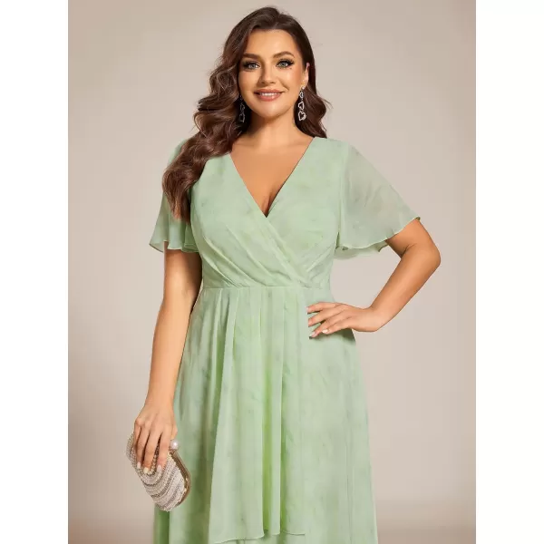 EverPretty Womens V Neck Pleated Plus Size Ruffle Sleeves High Low Semi Formal Dresses 02084DAPHLight Green Roses